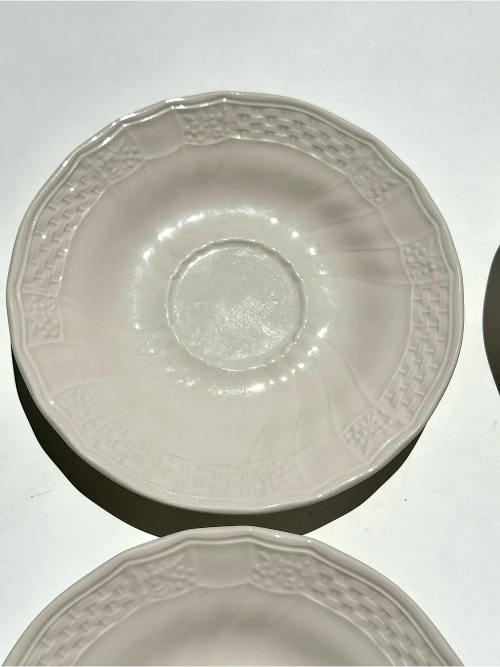 4 Mikasa Renaissance White Embossed Porcelain Saucers 6.5” - Classic Home Dining